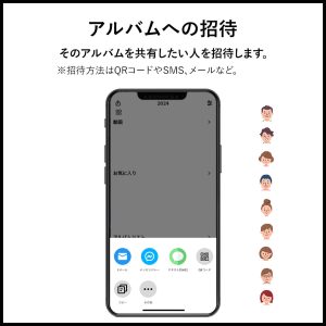 アルバムを共有したい人を招待する 招待方法はQRコードやSMS、メールなど